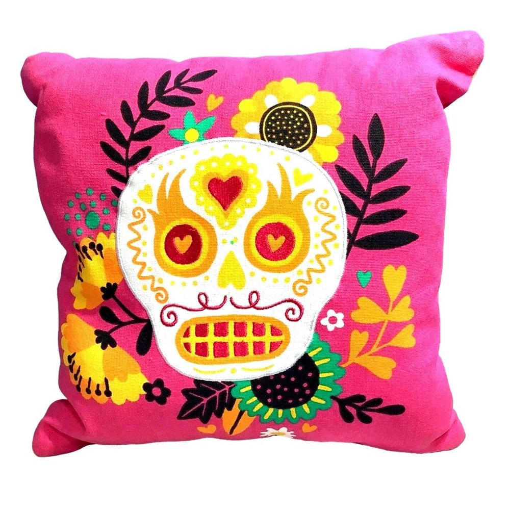 Sugar Skull Decorative Throw Pillow 2 Sided Flowers Embroidered 16"x 16" Pink - Picture 4 of 6